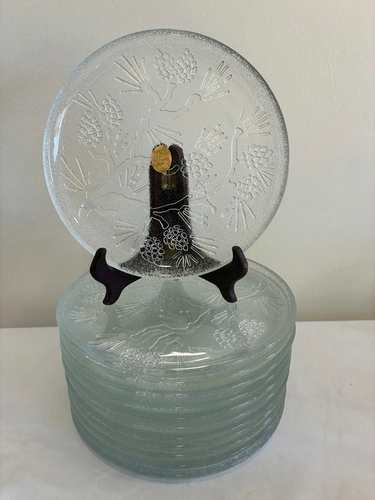 Vintage Tiara Ponderosa Pine 8” Salad Plates, Pressed Glass Plates Set of 12