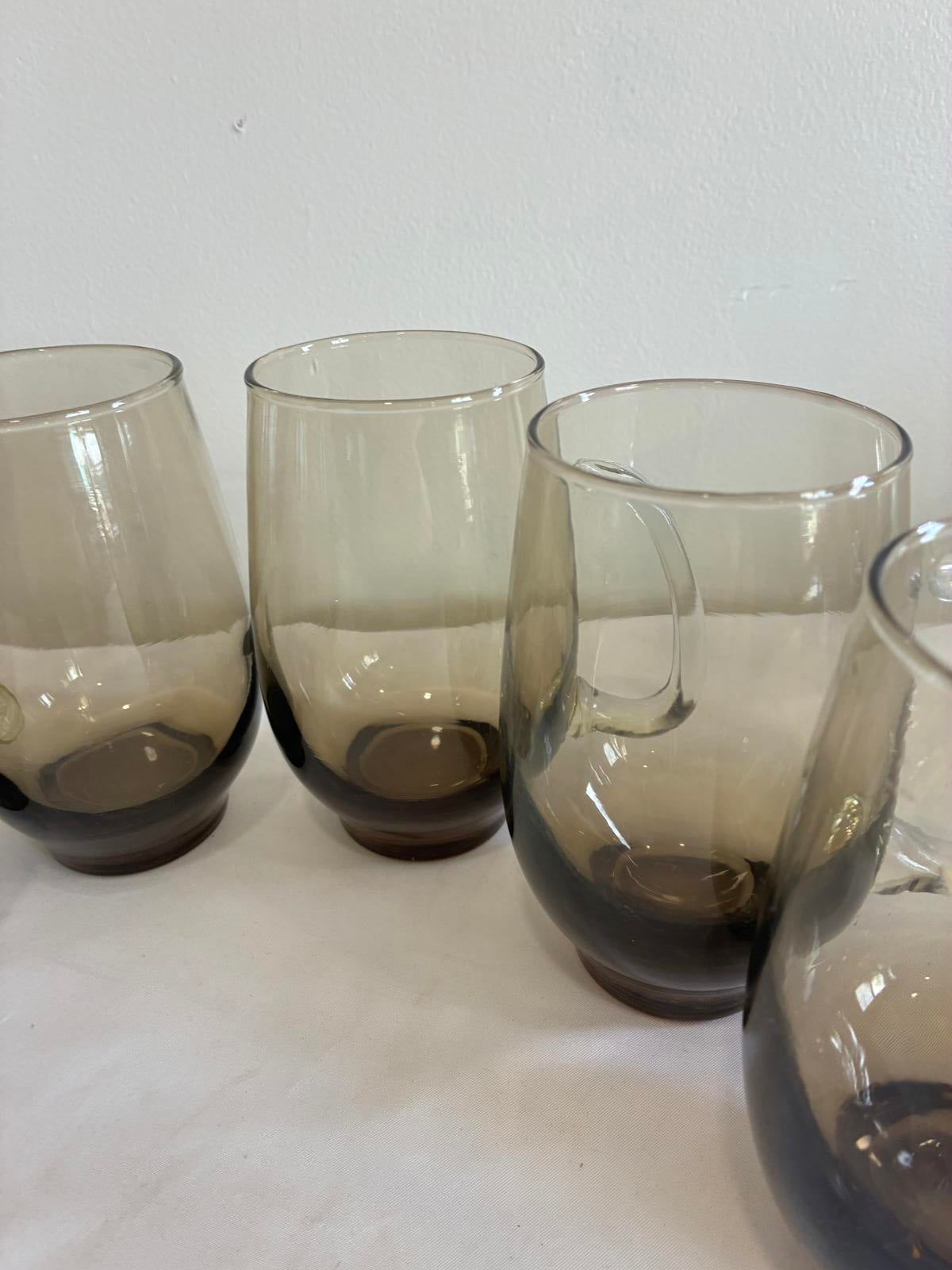 Libbey Tempo Smoked Glass Mugs Set of 6, 1970s Brown Ombre Cups, MCM Barware