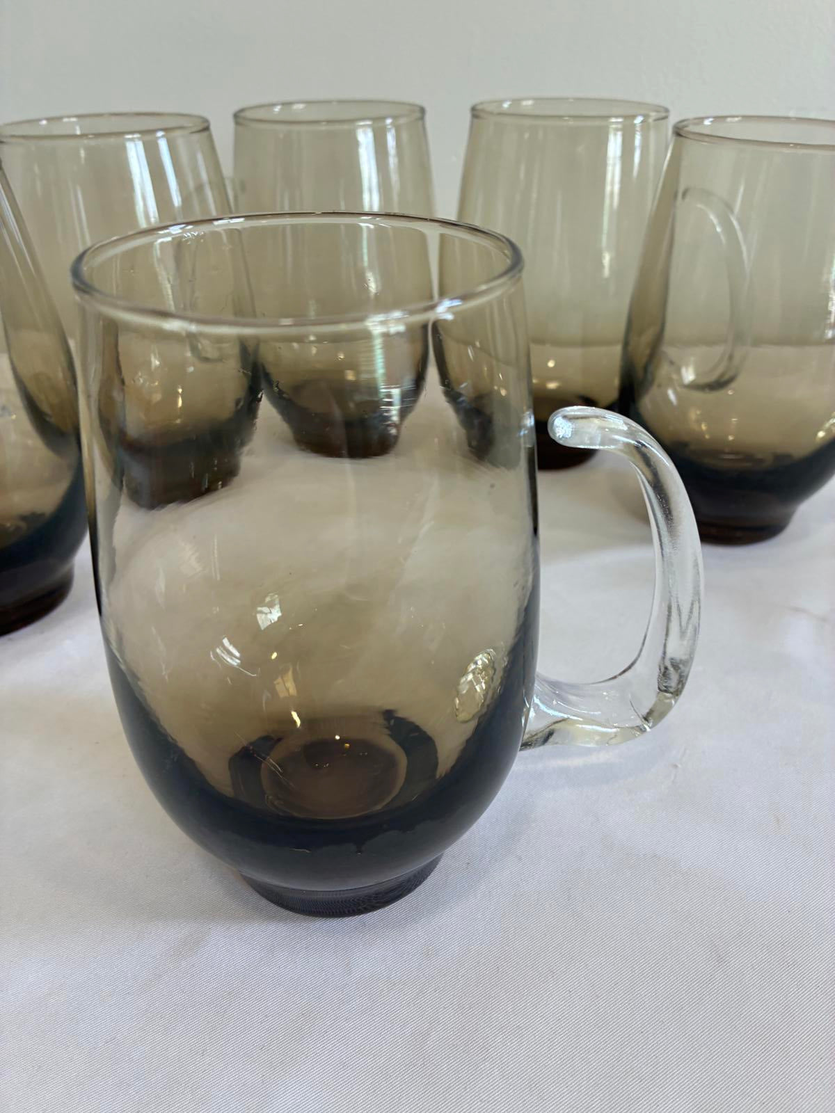 Libbey Tempo Smoked Glass Mugs Set of 6, 1970s Brown Ombre Cups, MCM Barware