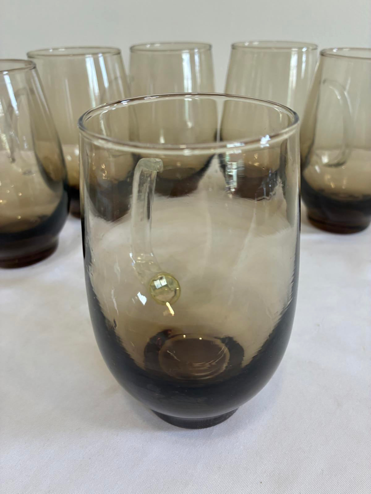 Libbey Tempo Smoked Glass Mugs Set of 6, 1970s Brown Ombre Cups, MCM Barware