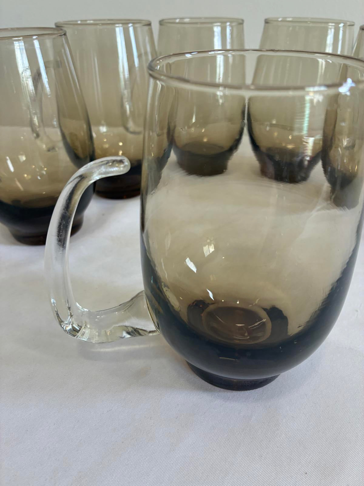 Libbey Tempo Smoked Glass Mugs Set of 6, 1970s Brown Ombre Cups, MCM Barware