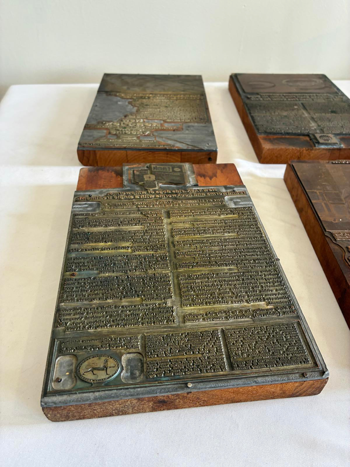 Antique Letterpress Printers Blocks Set of 4, Advertising Printing Plates, Vintage Typography Decor