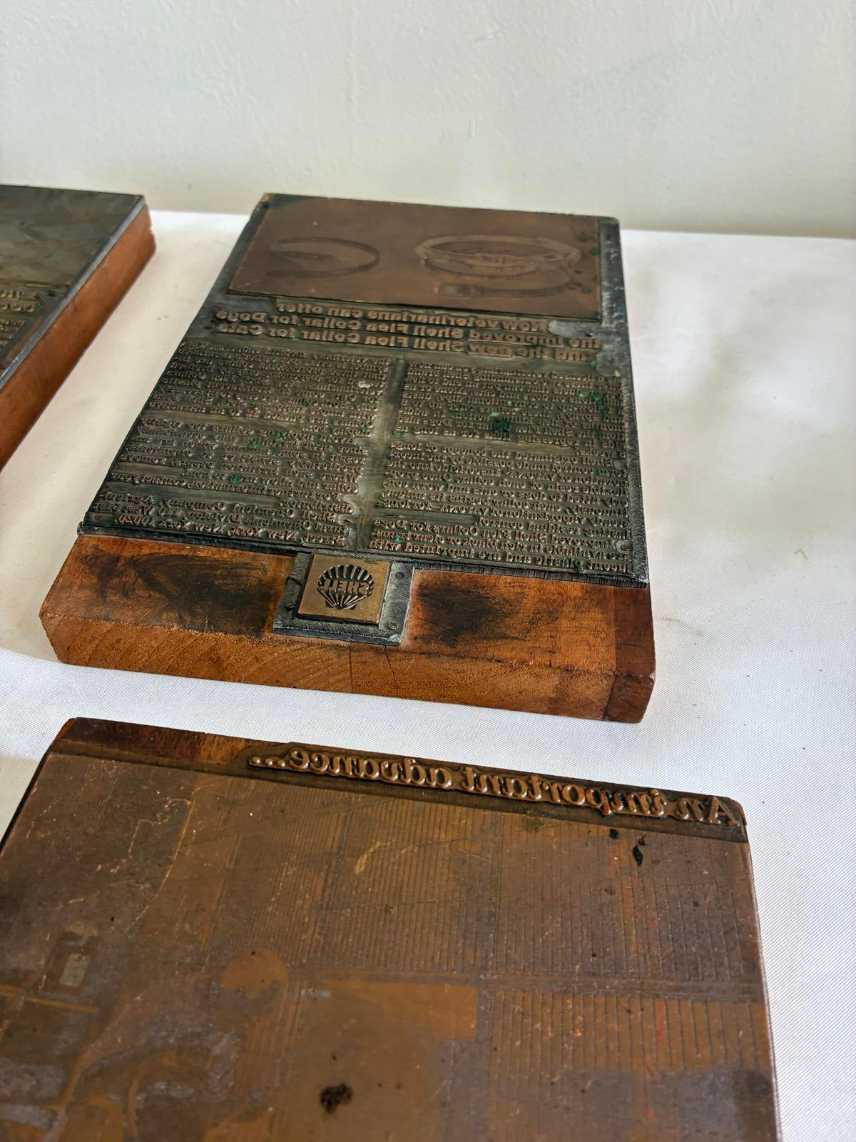 Antique Letterpress Printers Blocks Set of 4, Advertising Printing Plates, Vintage Typography Decor
