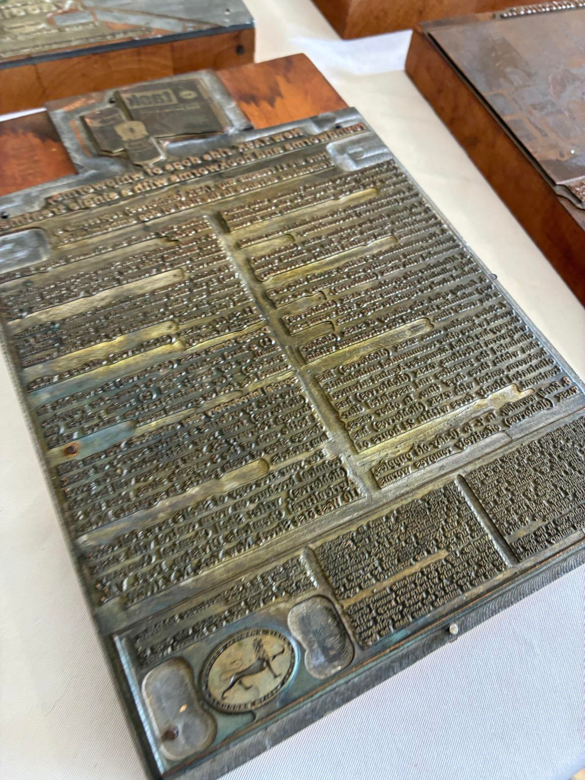 Antique Letterpress Printers Blocks Set of 4, Advertising Printing Plates, Vintage Typography Decor
