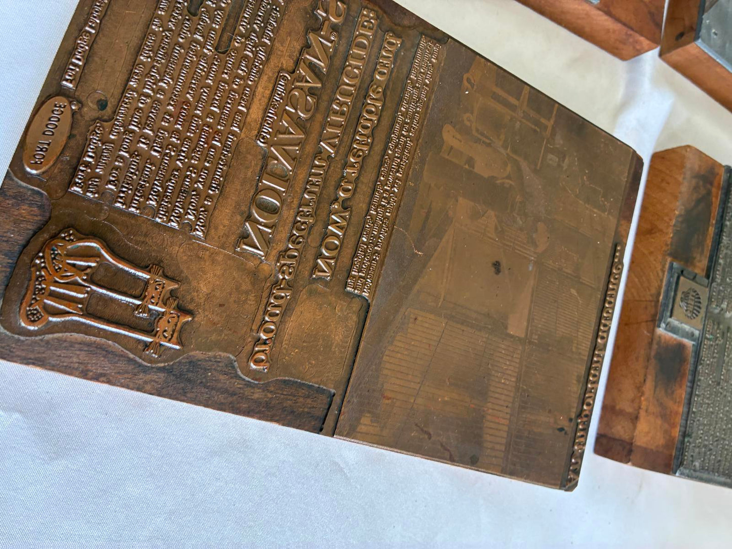 Antique Letterpress Printers Blocks Set of 4, Advertising Printing Plates, Vintage Typography Decor