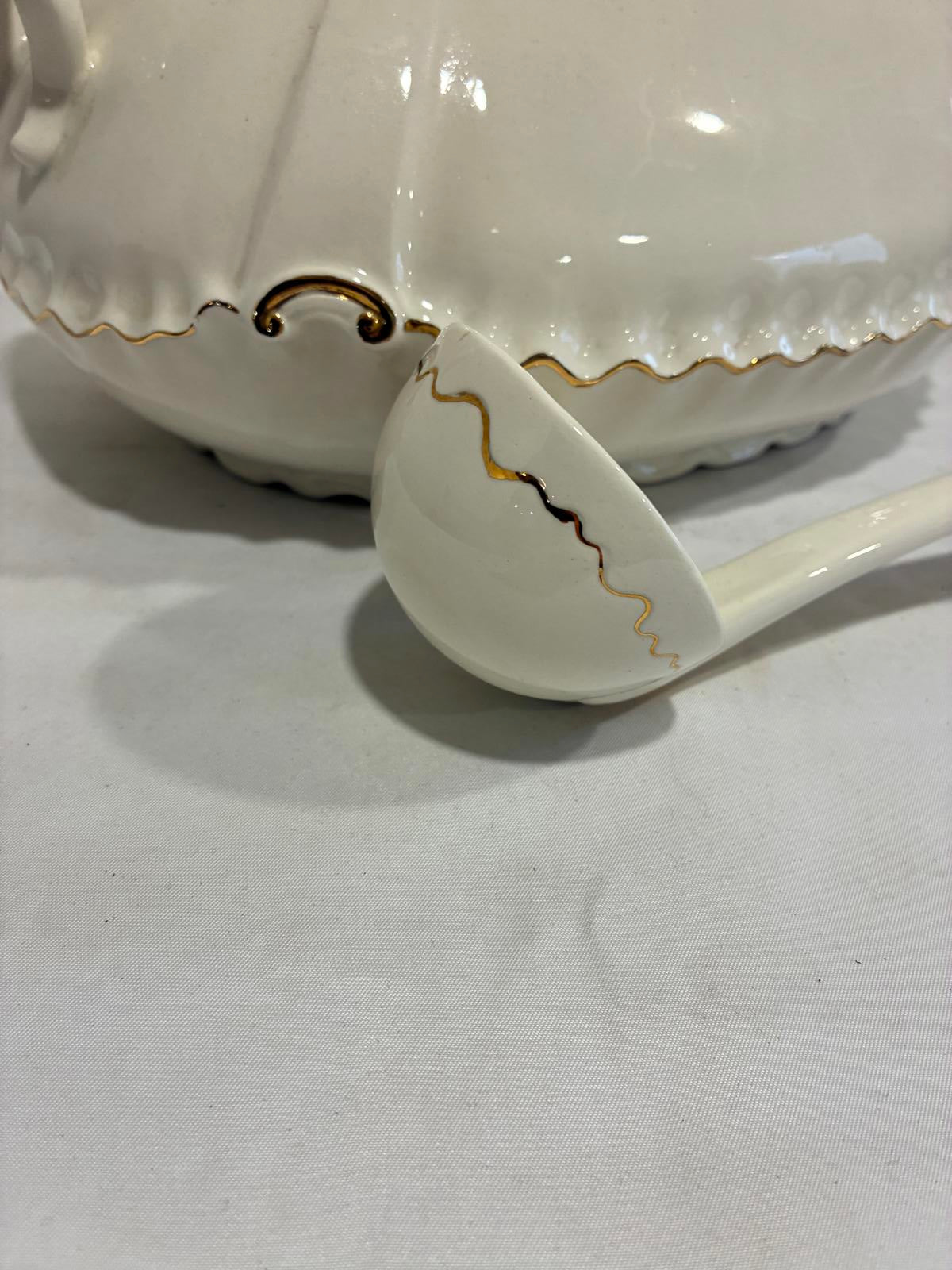 Vintage Ceramic Soup Tureen with Ladle Cream Gold Trim Serving Dish