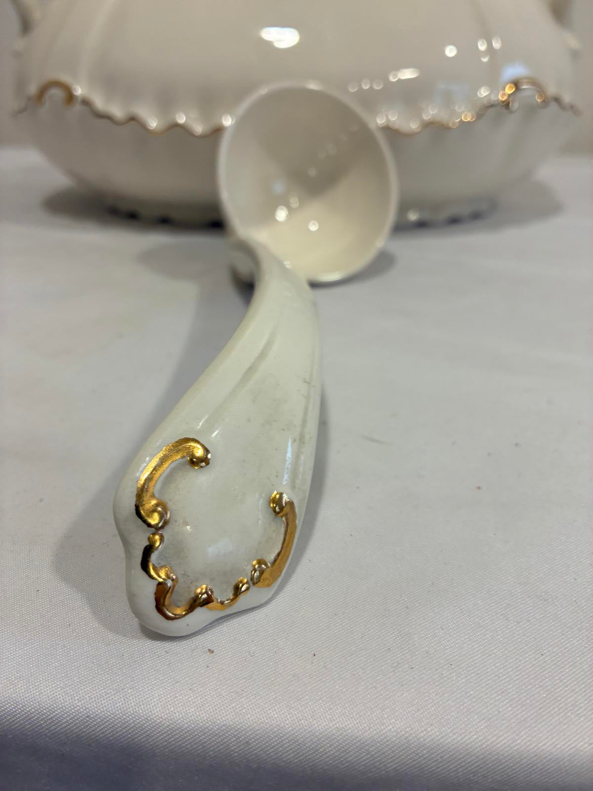 Vintage Ceramic Soup Tureen with Ladle Cream Gold Trim Serving Dish