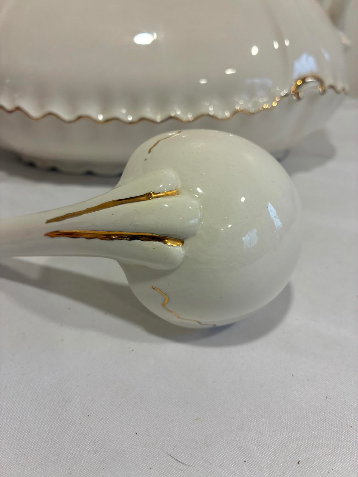 Vintage Ceramic Soup Tureen with Ladle Cream Gold Trim Serving Dish