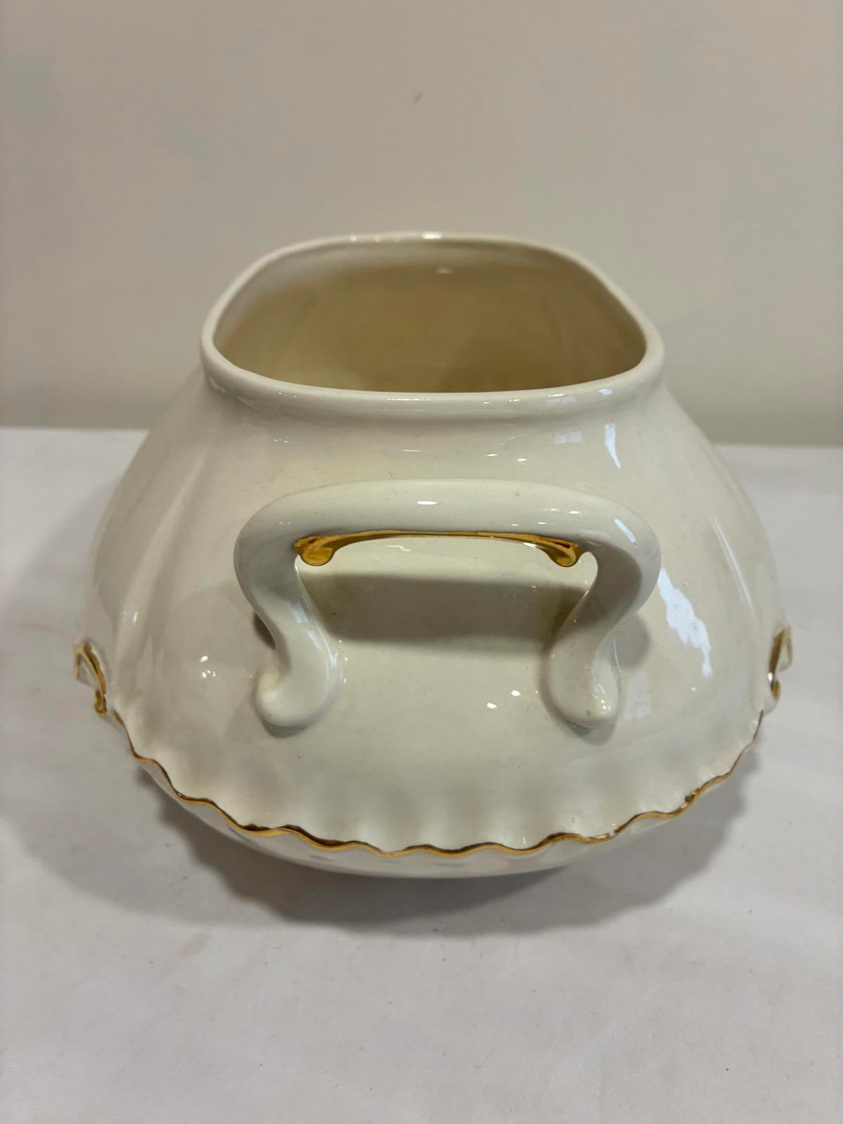 Vintage Ceramic Soup Tureen with Ladle Cream Gold Trim Serving Dish