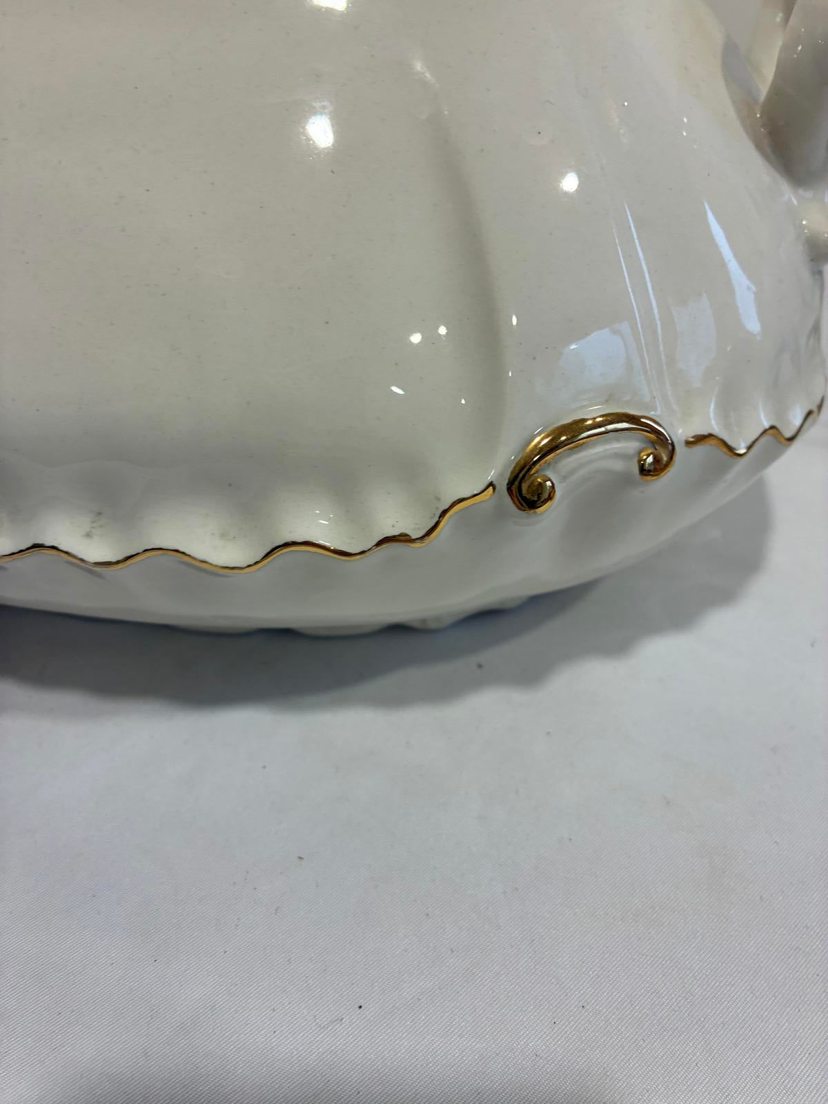 Vintage Ceramic Soup Tureen with Ladle Cream Gold Trim Serving Dish