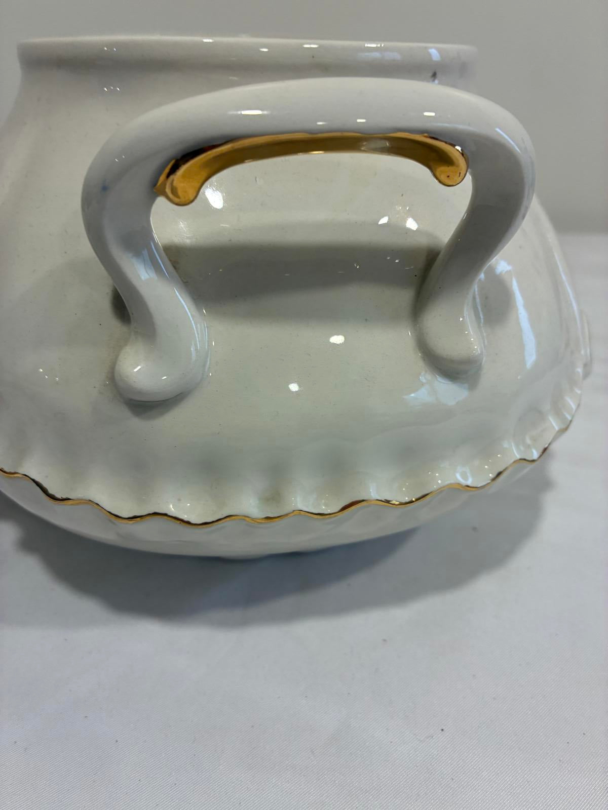Vintage Ceramic Soup Tureen with Ladle Cream Gold Trim Serving Dish
