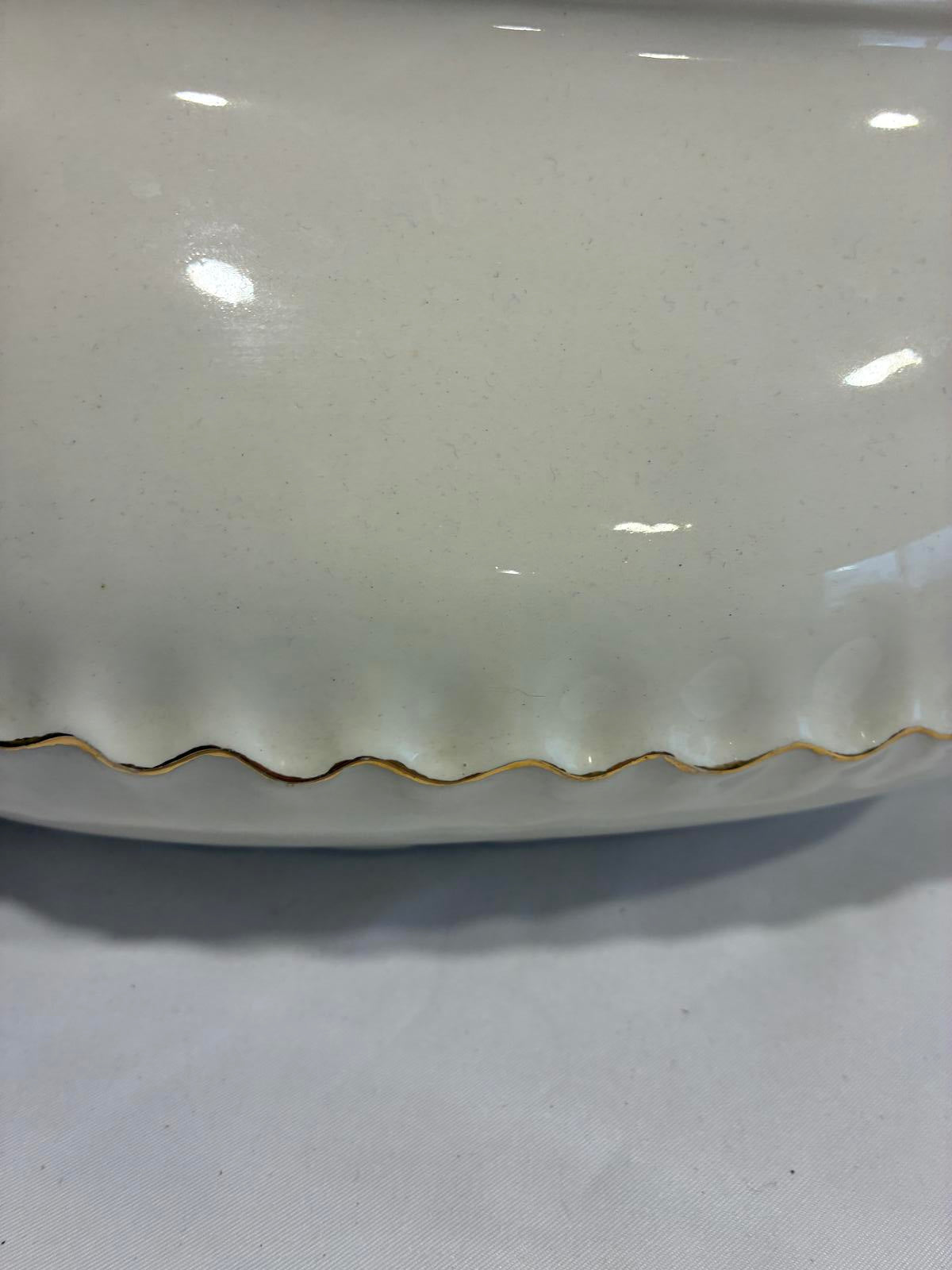 Vintage Ceramic Soup Tureen with Ladle Cream Gold Trim Serving Dish