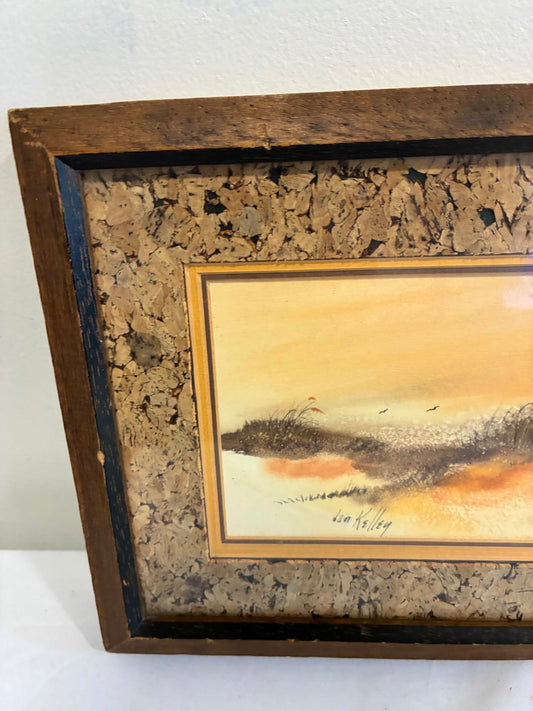 Vintage Framed Coastal Landscape Artwork with Cork Mat