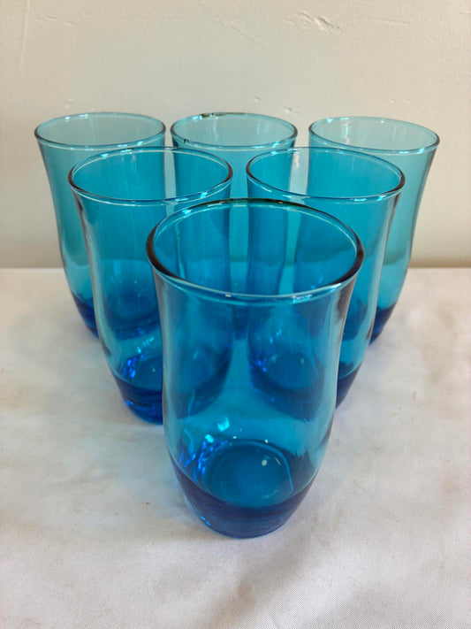 Vintage Turquoise Blue Drinking Glasses Set of 6 Aqua Tumblers Retro Glassware
