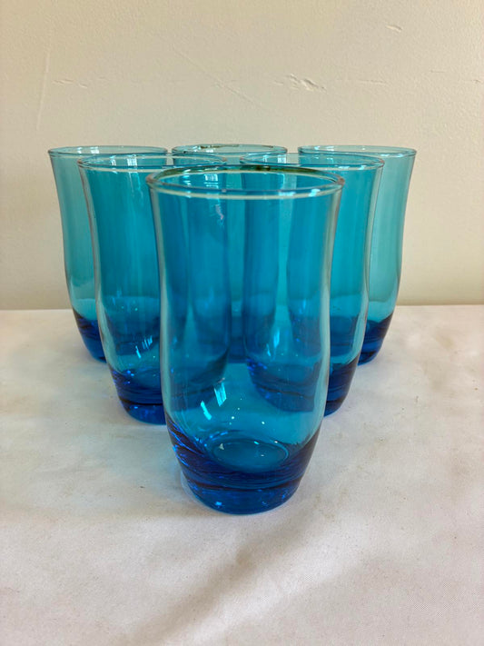 Vintage Turquoise Blue Drinking Glasses Set of 6 Aqua Tumblers Retro Glassware