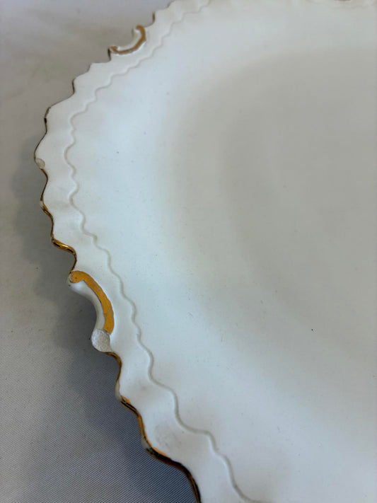 Vintage White Serving Platter Gold Trim Scalloped Edge Mid Century Serving Tray