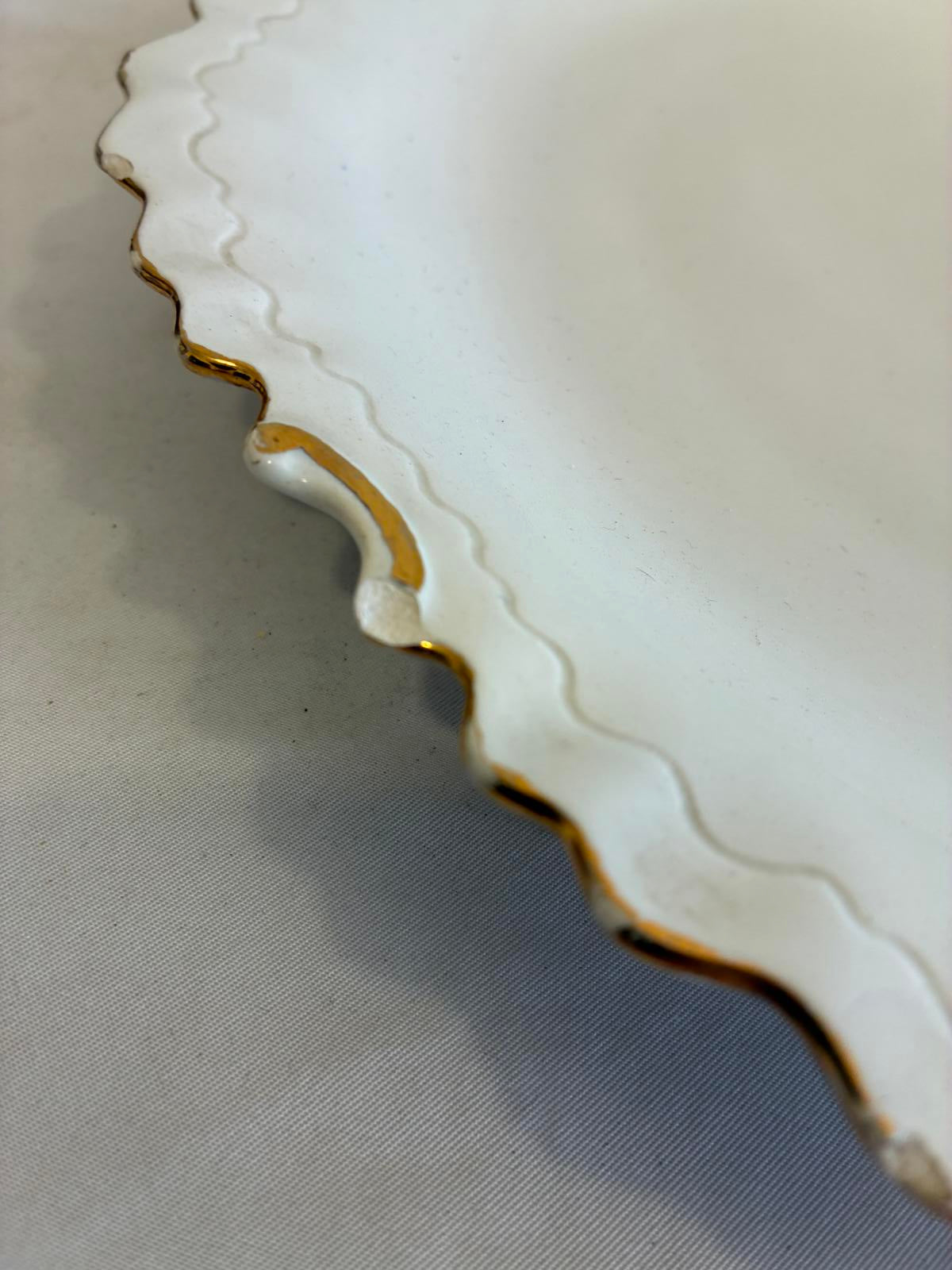 Vintage White Serving Platter Gold Trim Scalloped Edge Mid Century Serving Tray