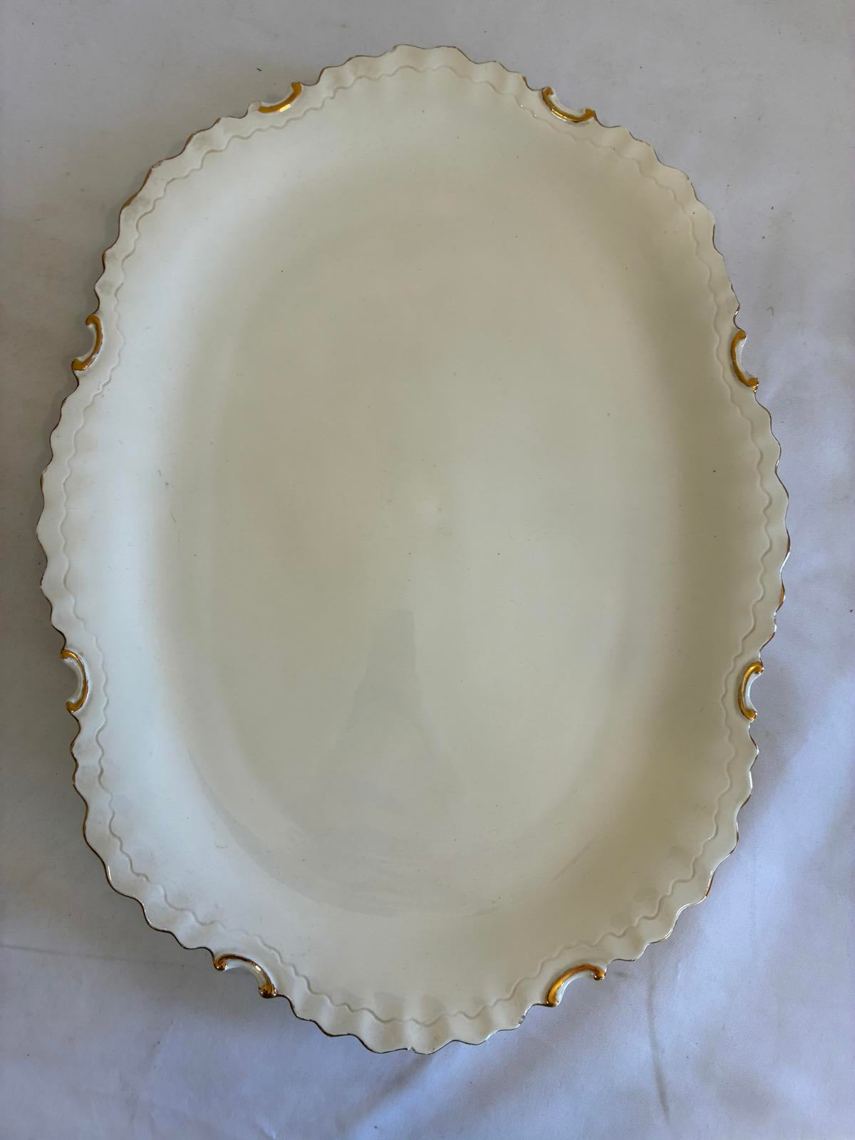 Vintage White Serving Platter Gold Trim Scalloped Edge Mid Century Serving Tray