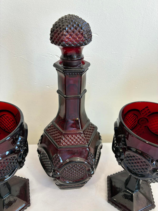 Avon Cape Cod Ruby Red Decanter and Goblets Set Vintage Red Glass Barware