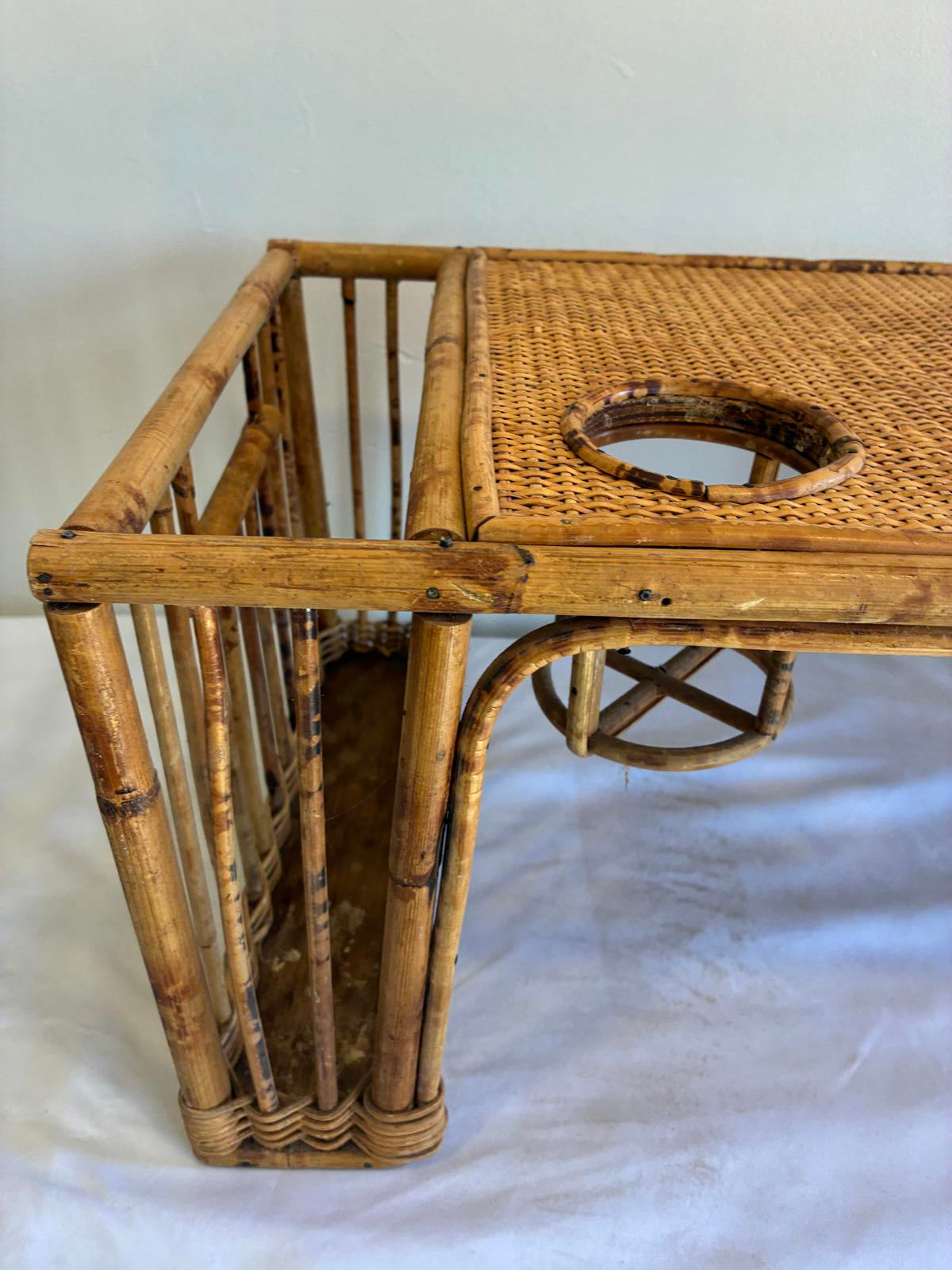 Vintage Bamboo Rattan Breakfast Tray TV Tray Lap Tray With Cup Holder Boho