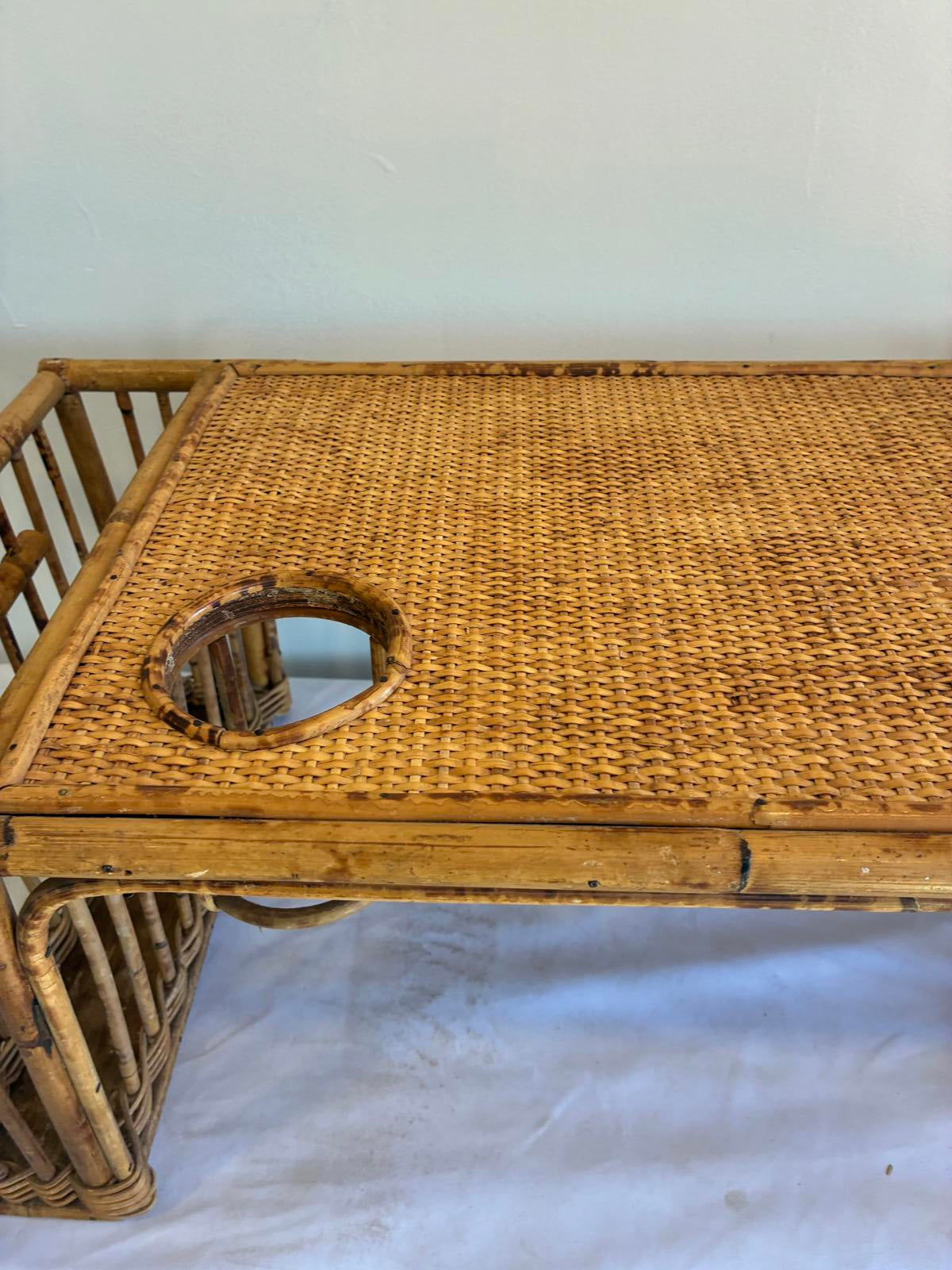 Vintage Bamboo Rattan Breakfast Tray TV Tray Lap Tray With Cup Holder Boho