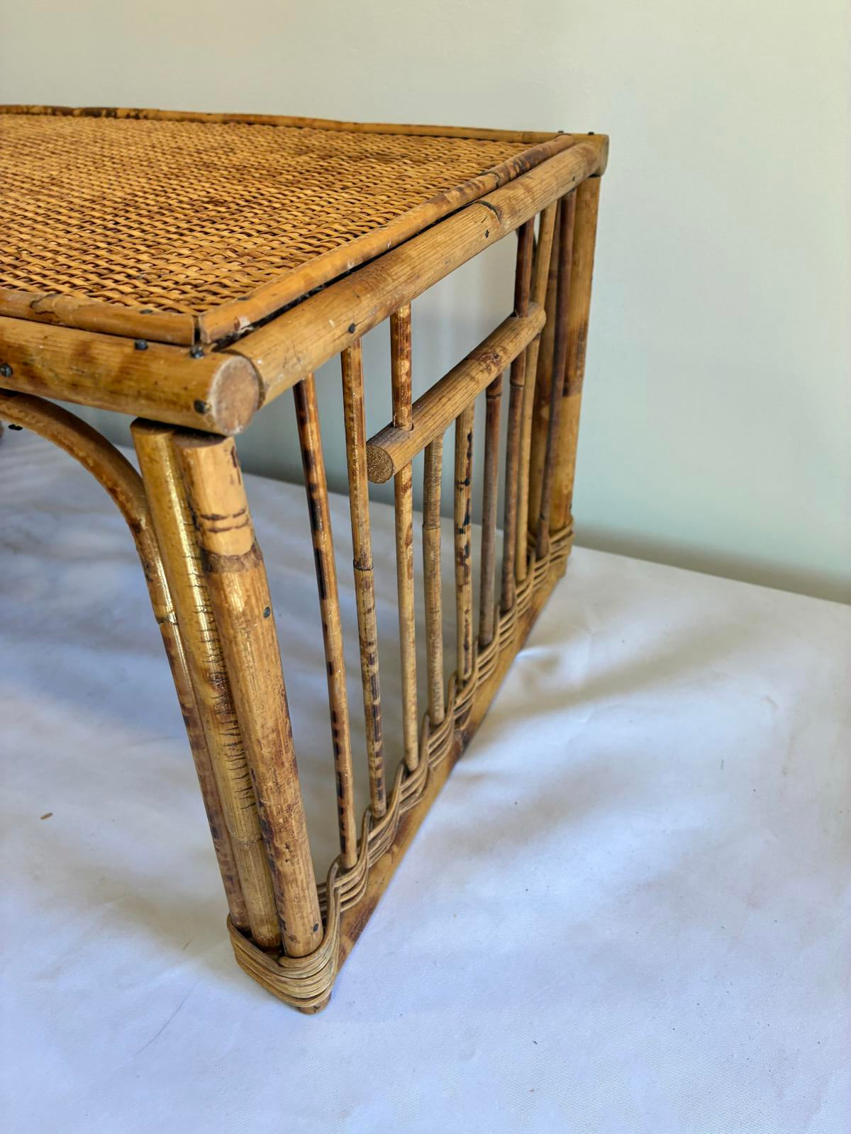 Vintage Bamboo Rattan Breakfast Tray TV Tray Lap Tray With Cup Holder Boho