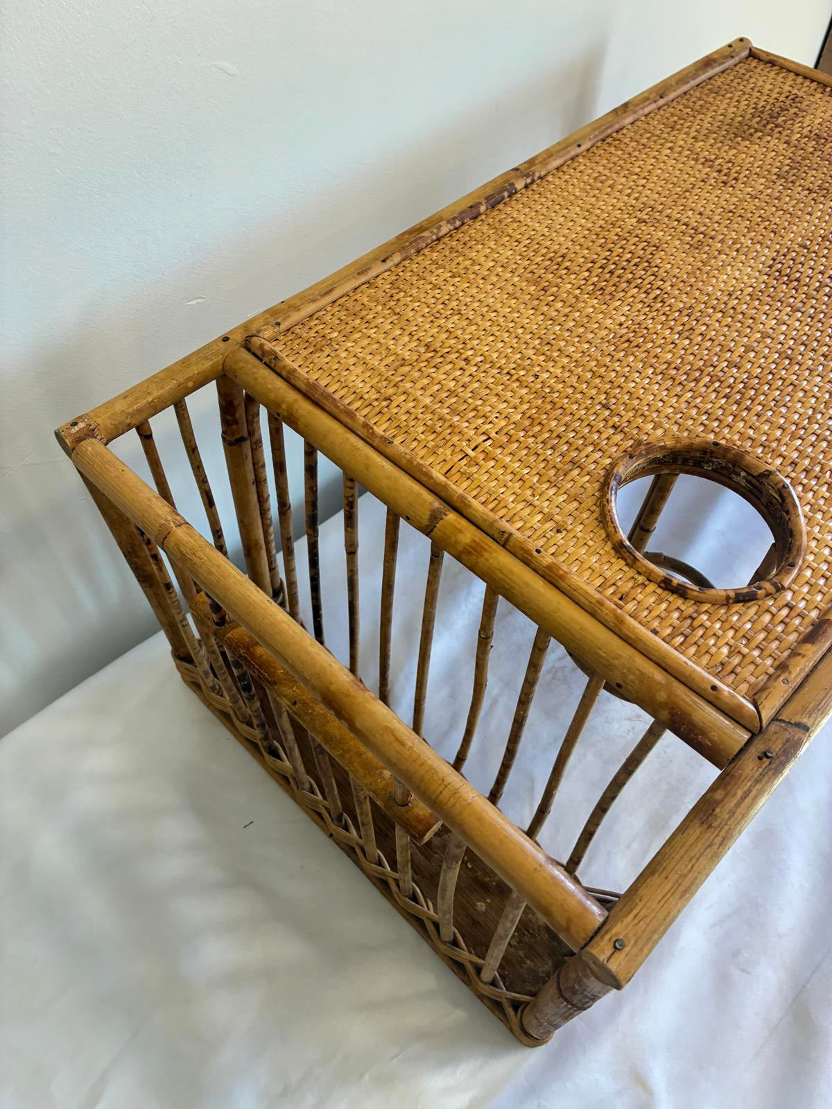 Vintage Bamboo Rattan Breakfast Tray TV Tray Lap Tray With Cup Holder Boho