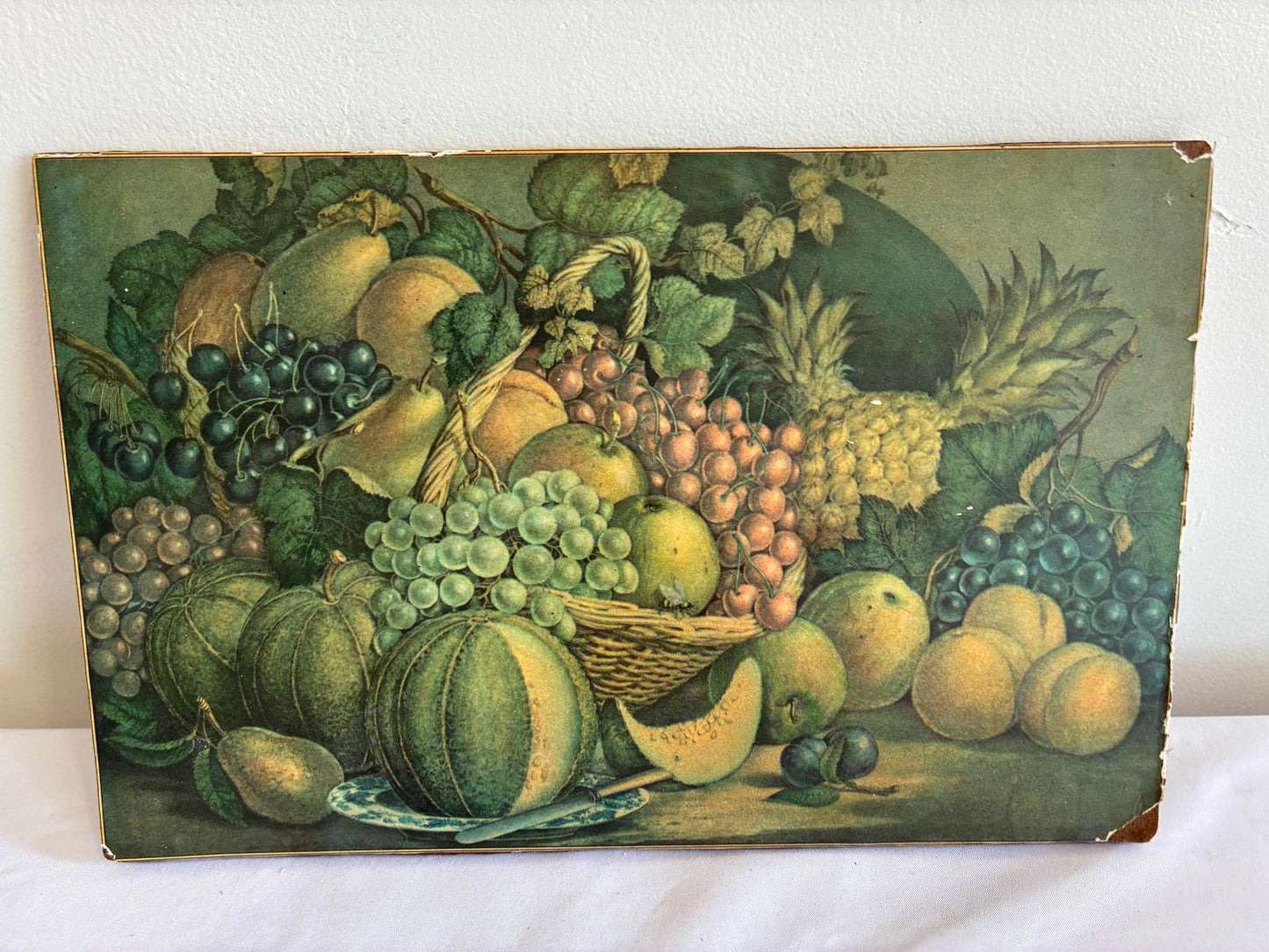 Vintage Fruit Still Life Print on Wood Panel Rustic Farmhouse Wall Art