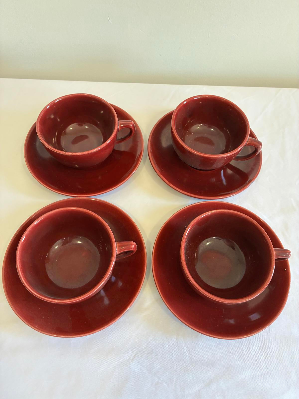 Vintage Bauer Pottery Red Moderne Cup and Saucers Set of 4 Los Angeles