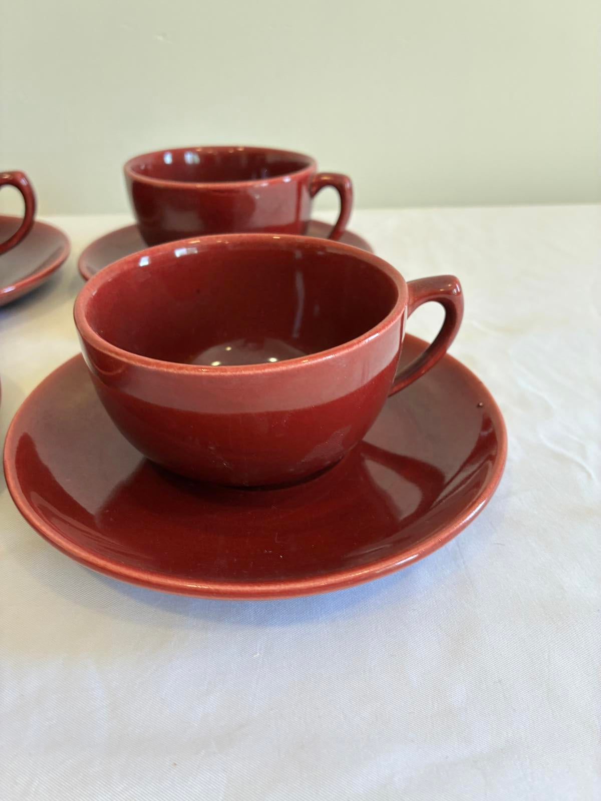 Vintage Bauer Pottery Red Moderne Cup and Saucers Set of 4 Los Angeles