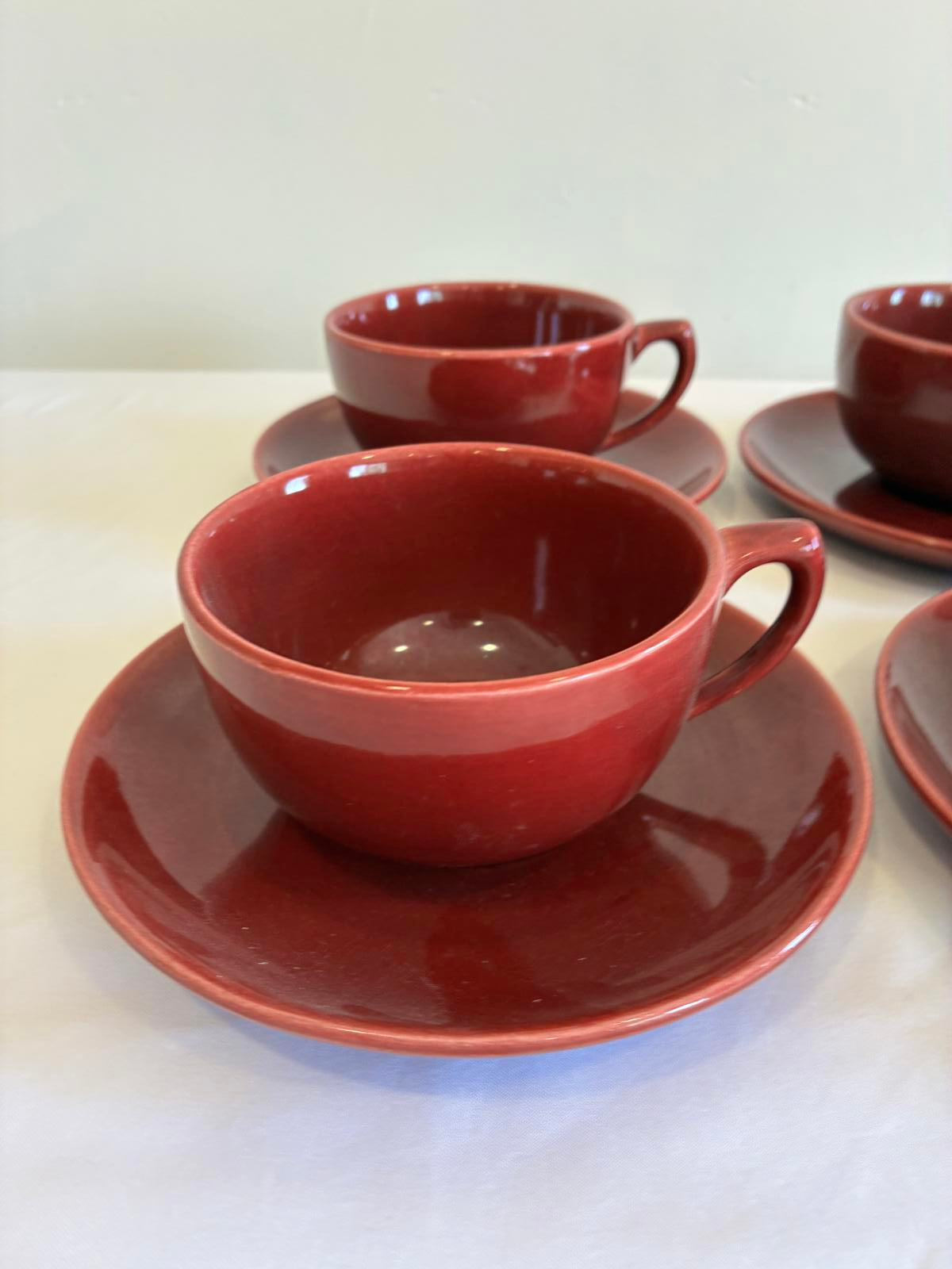 Vintage Bauer Pottery Red Moderne Cup and Saucers Set of 4 Los Angeles