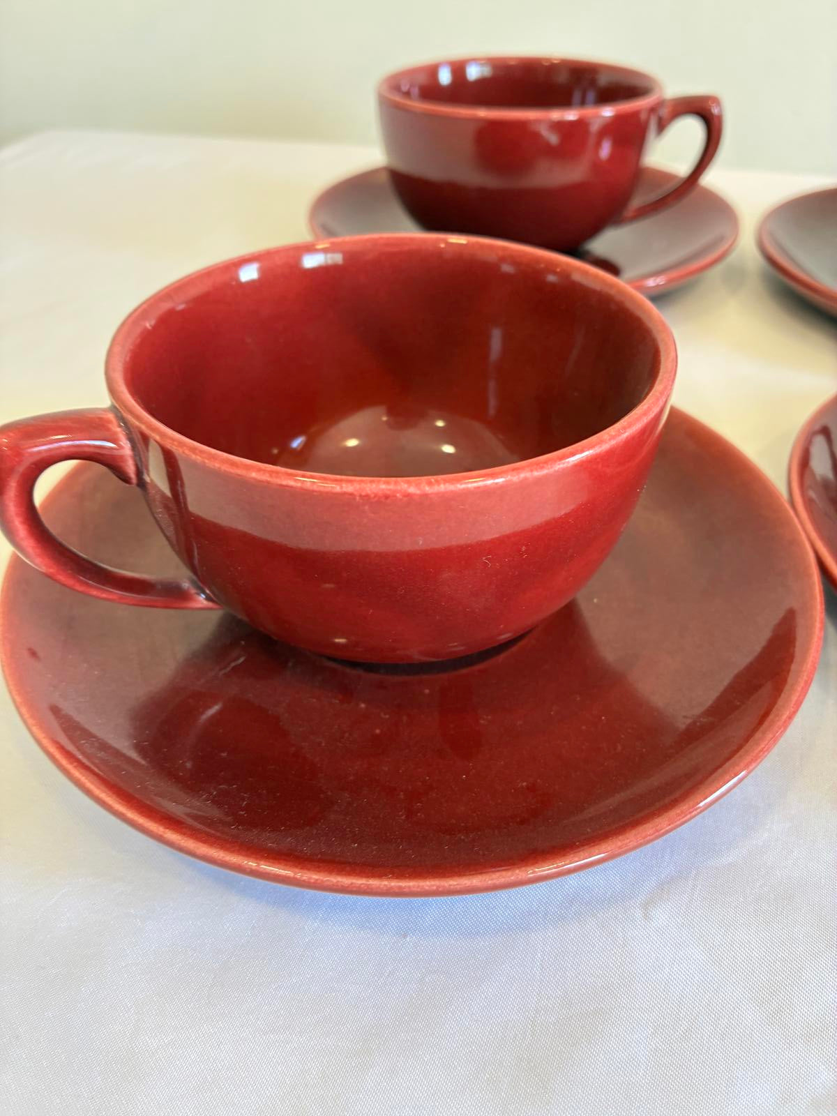 Vintage Bauer Pottery Red Moderne Cup and Saucers Set of 4 Los Angeles