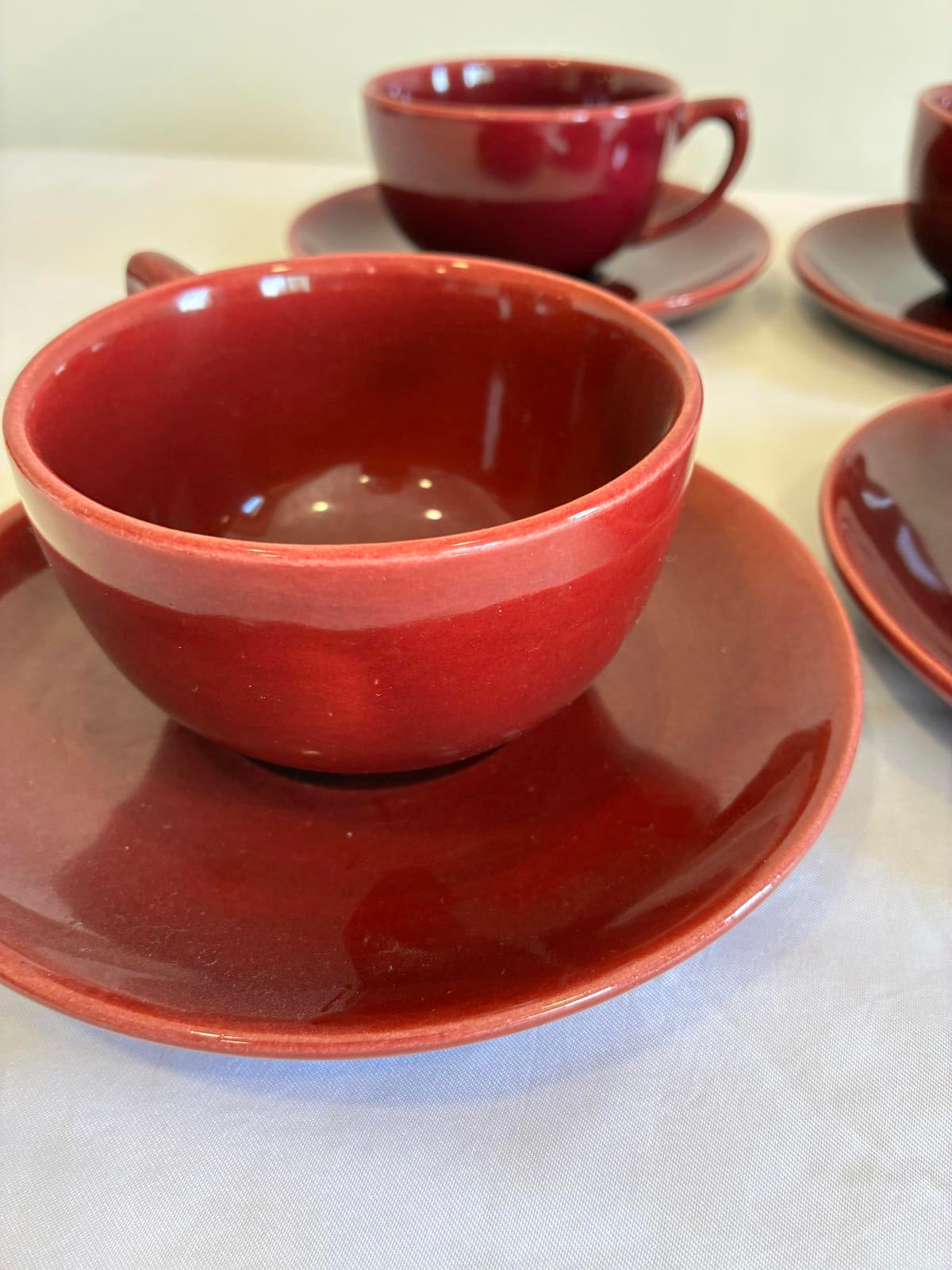 Vintage Bauer Pottery Red Moderne Cup and Saucers Set of 4 Los Angeles