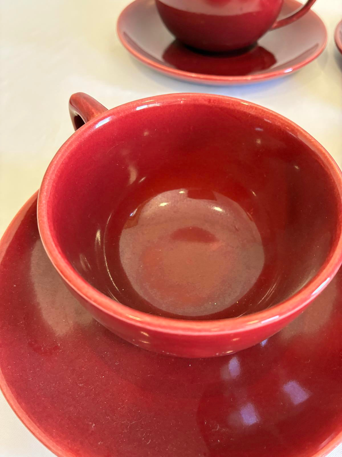 Vintage Bauer Pottery Red Moderne Cup and Saucers Set of 4 Los Angeles