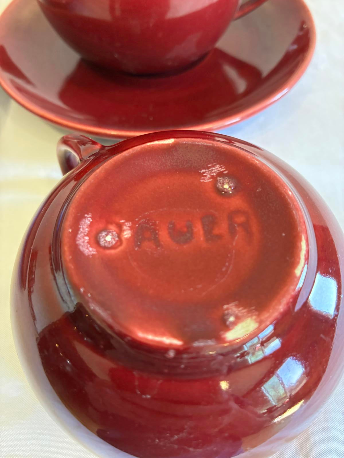 Vintage Bauer Pottery Red Moderne Cup and Saucers Set of 4 Los Angeles