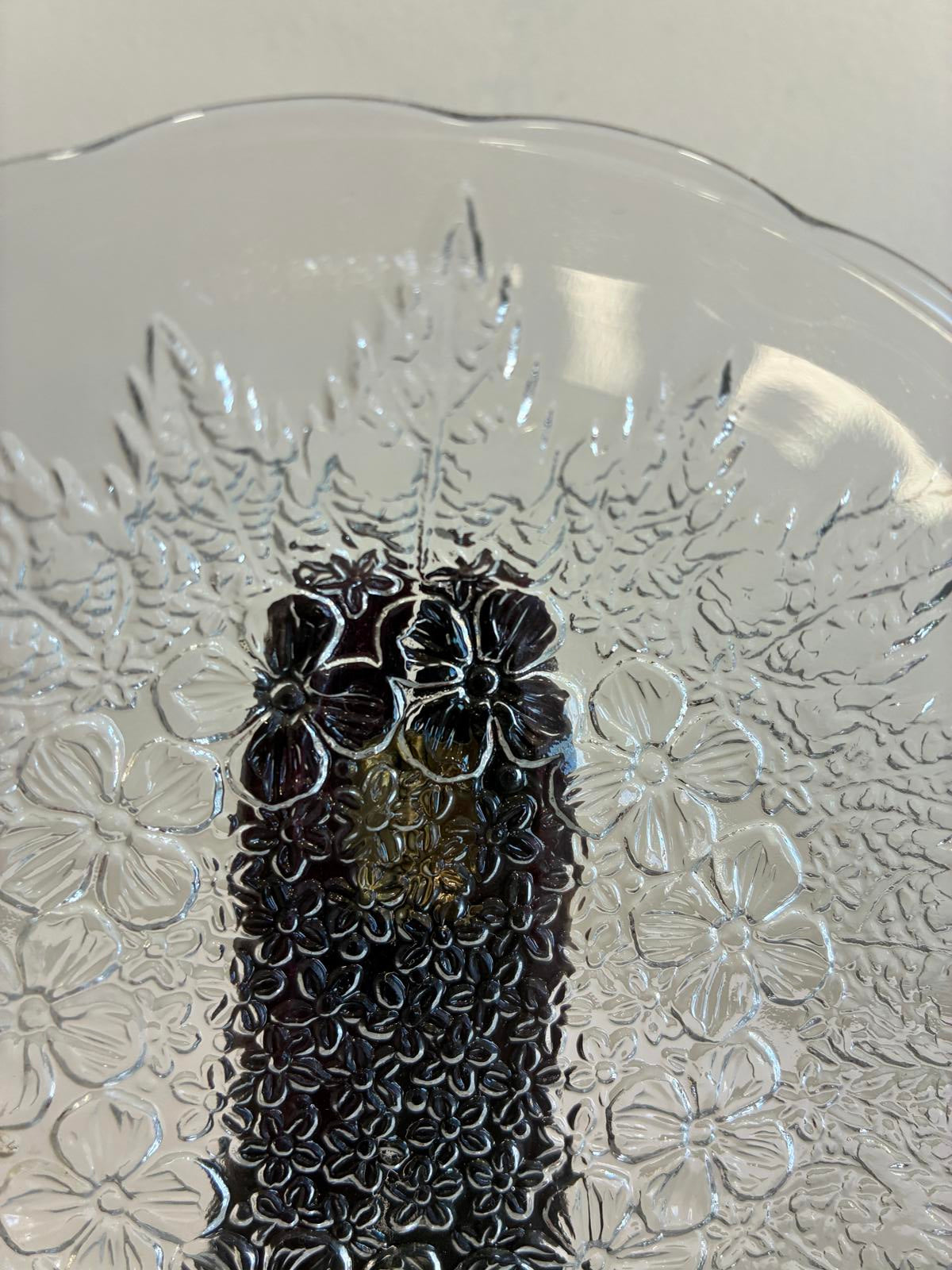 Vintage KIG Indonesia Floral Pressed Glass Dessert Plates, Set of 11