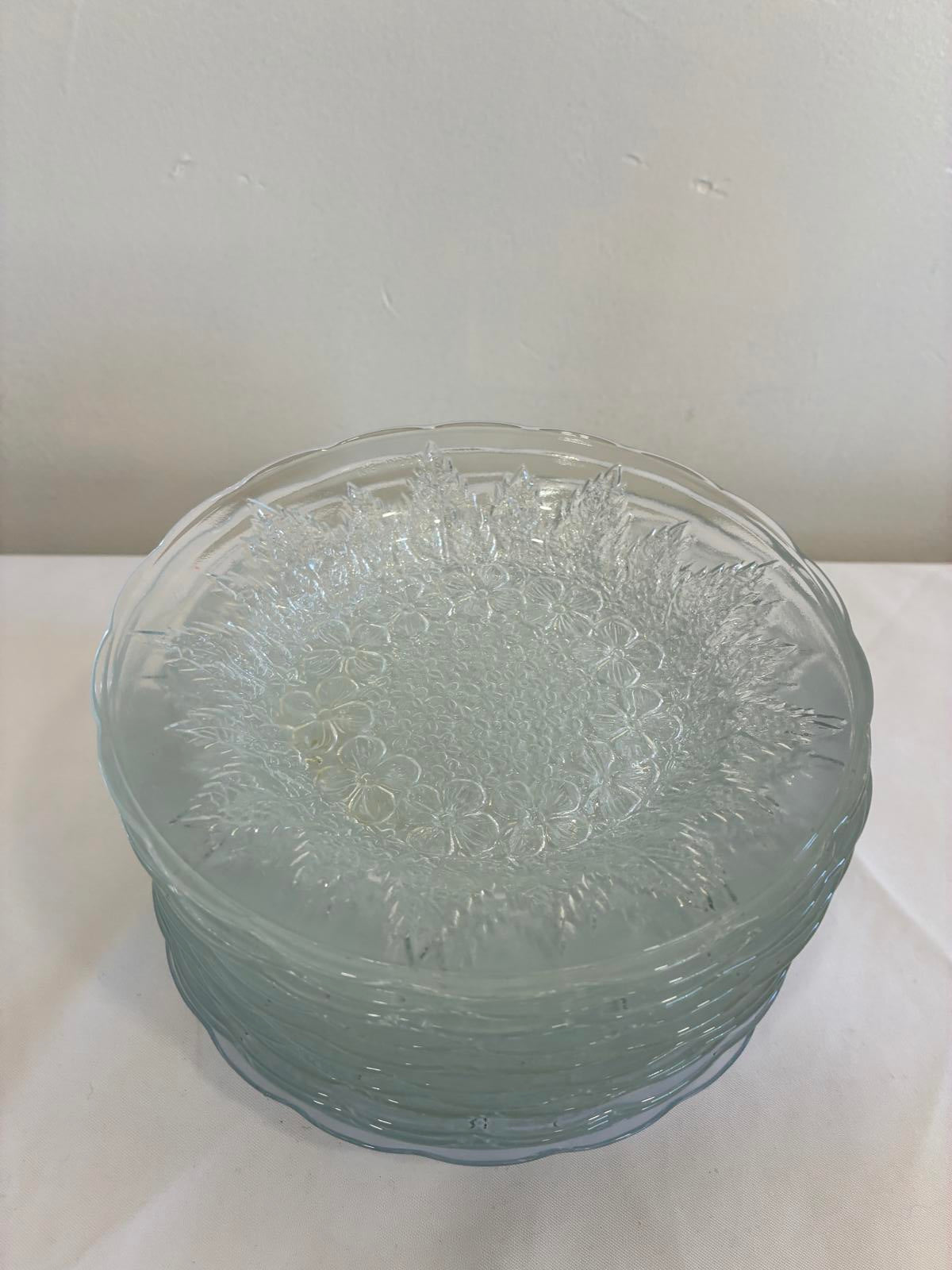 Vintage KIG Indonesia Floral Pressed Glass Dessert Plates, Set of 11