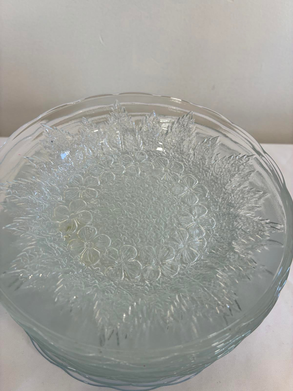 Vintage KIG Indonesia Floral Pressed Glass Dessert Plates, Set of 11