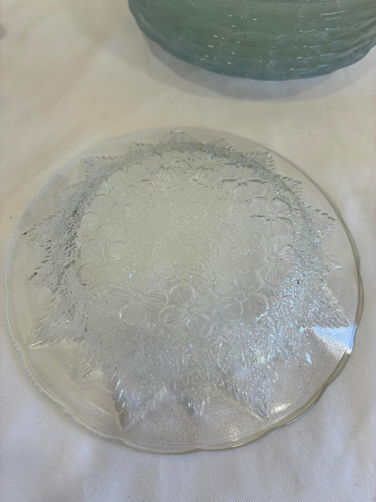 Vintage KIG Indonesia Floral Pressed Glass Dessert Plates, Set of 11