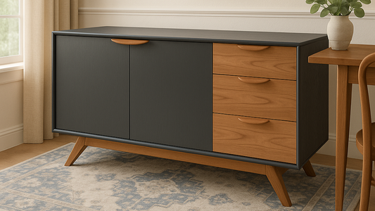 Mid-century modern sideboard with a matte gray frame and warm wood drawers and door handles, standing on angled midcentury style legs