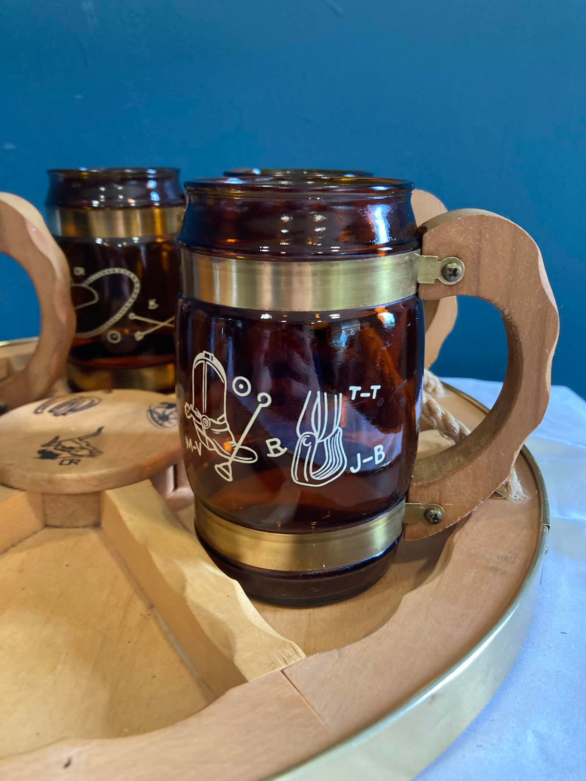 Vintage Amber Glass Cowboy Mugs with Wood Handles and Wagon Wheel Tray Set of 7