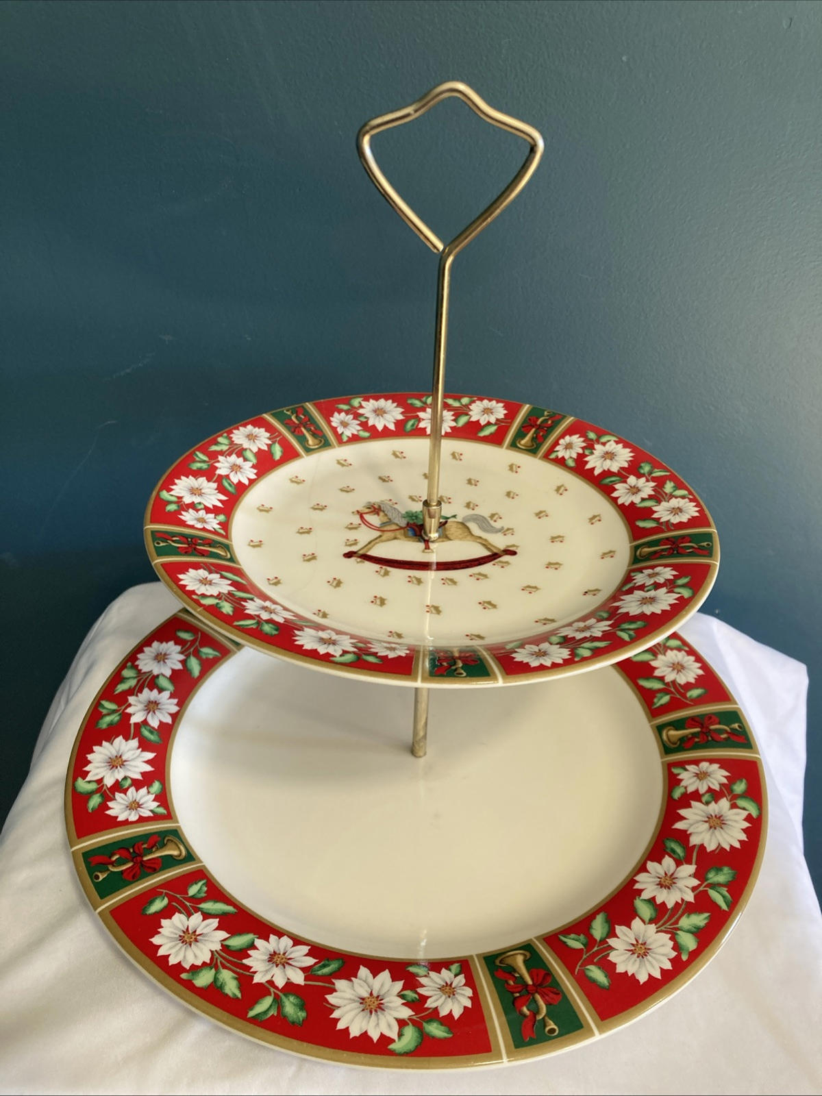 Vintage Charlton Hall Kobe Christmas Rocking Horse Two-Tier Serving Tray | Holiday Server