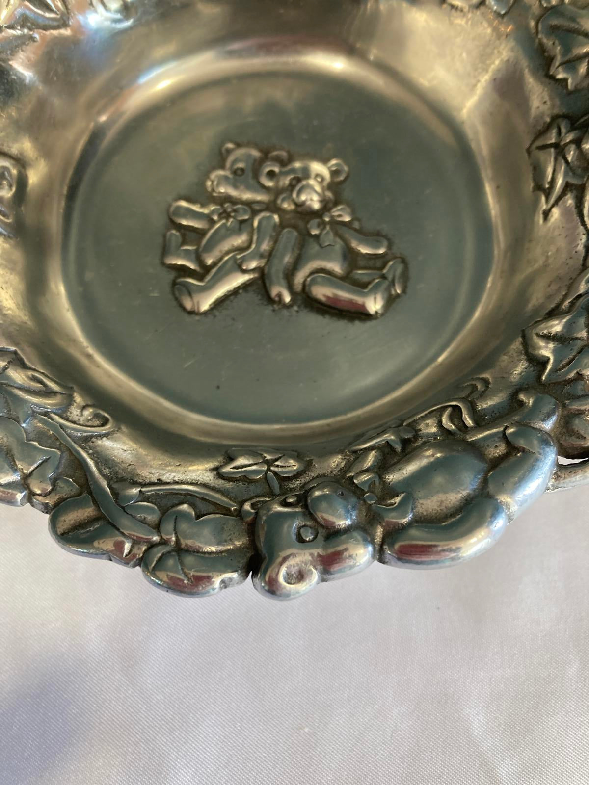 Arthur Court Teddy Bear Bowl Silver Aluminum Ornate Floral Rim