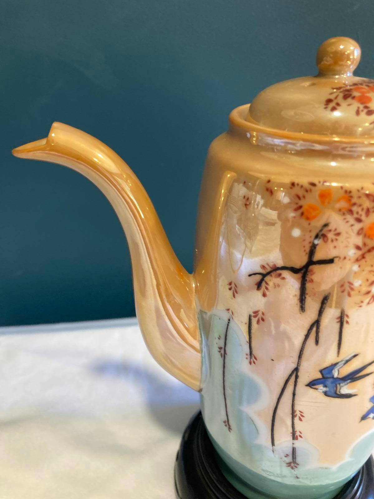 Vintage Hand Painted Porcelain Japanese Teapot with Swallow Birds