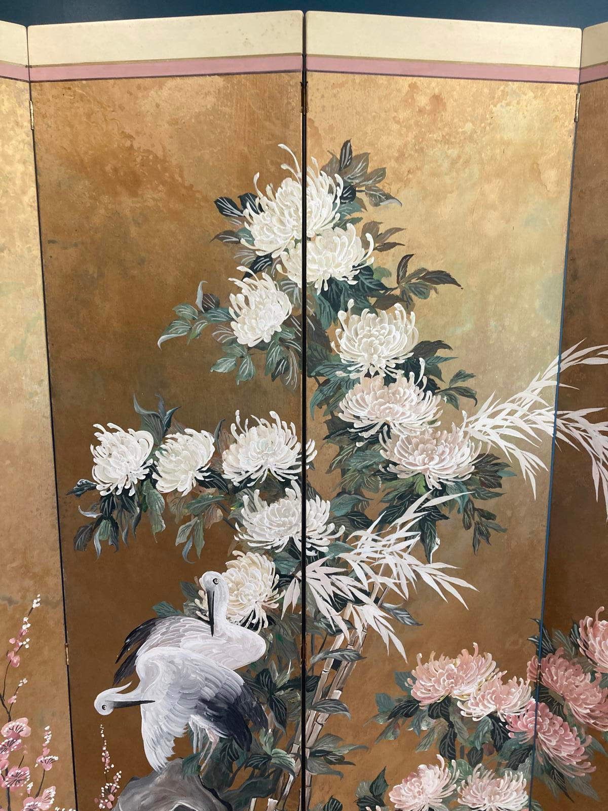 Midcentury Lucien Leinfelder Hand Painted Wood Four-Panel Asian Screen