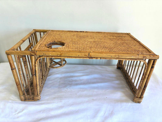 Vintage Bamboo Rattan Breakfast Tray TV Tray Lap Tray With Cup Holder Boho