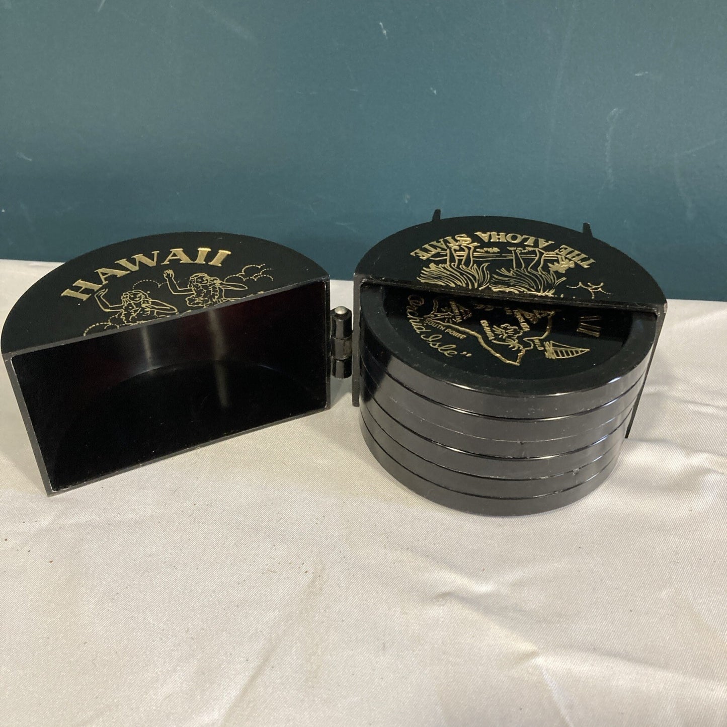 Vintage Black Plastic Hawaii Islands Coasters Set of 5 Round