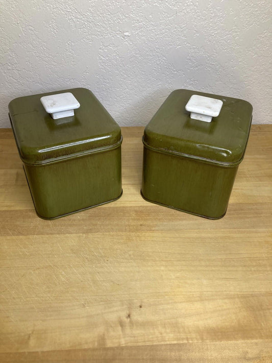 Vintage Mid-Century Olive Green Maid of Honor Tins Canister Retro Storage