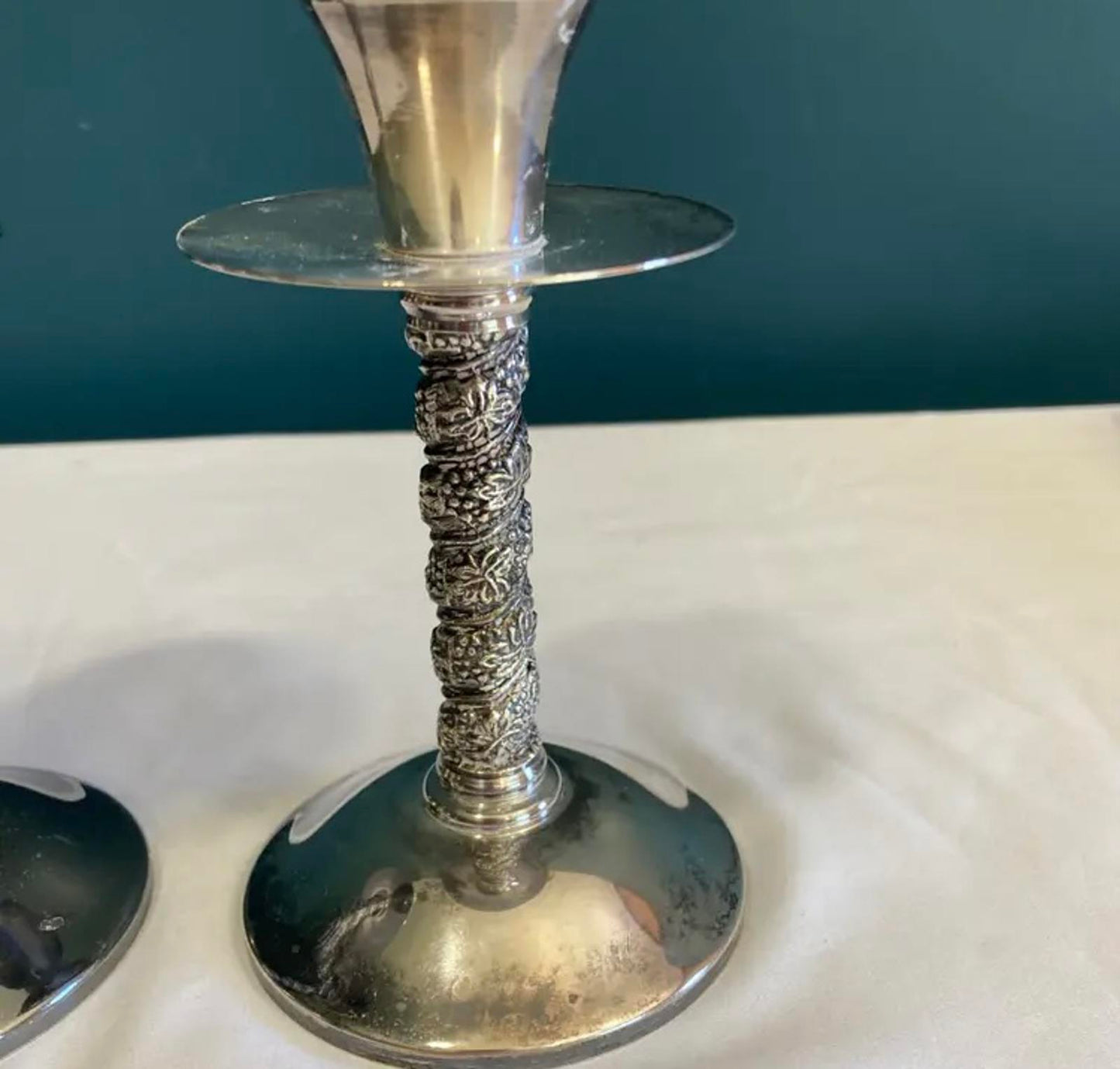 Pair of Vintage Silver Plated Candlesticks -Ornate Twisted Column Candle Holders