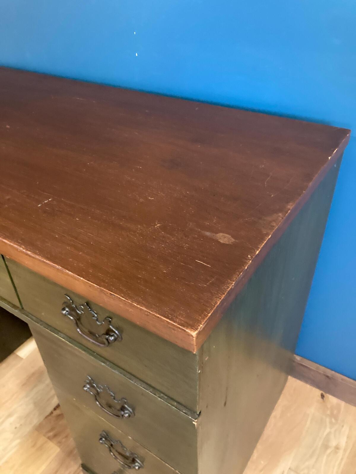 Mid Century Bassett Wooden Desk, Green Stained Solid Wood Desk, 7 Drawer Writing Desk, Vintage Office Furniture